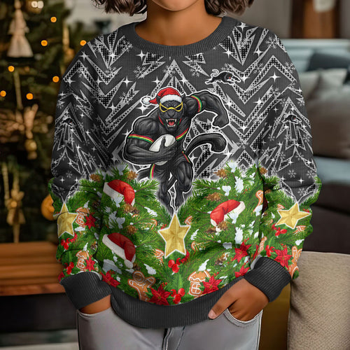 Personalised Penrith Panthers Rugby Christmas Kid Ugly Christmas Sweater Santa Rugby Mascot - Pine Wreath Festive