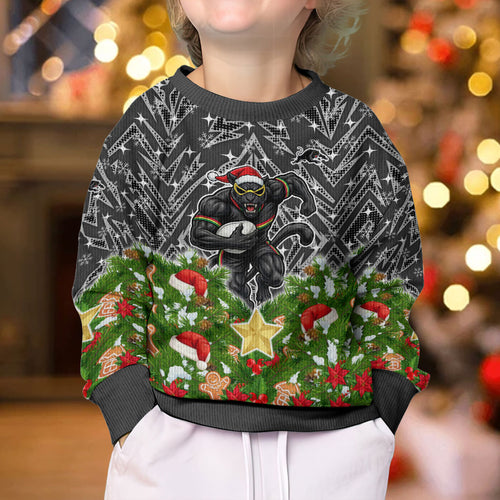 Personalised Penrith Panthers Rugby Christmas Kid Ugly Christmas Sweater Santa Rugby Mascot - Pine Wreath Festive