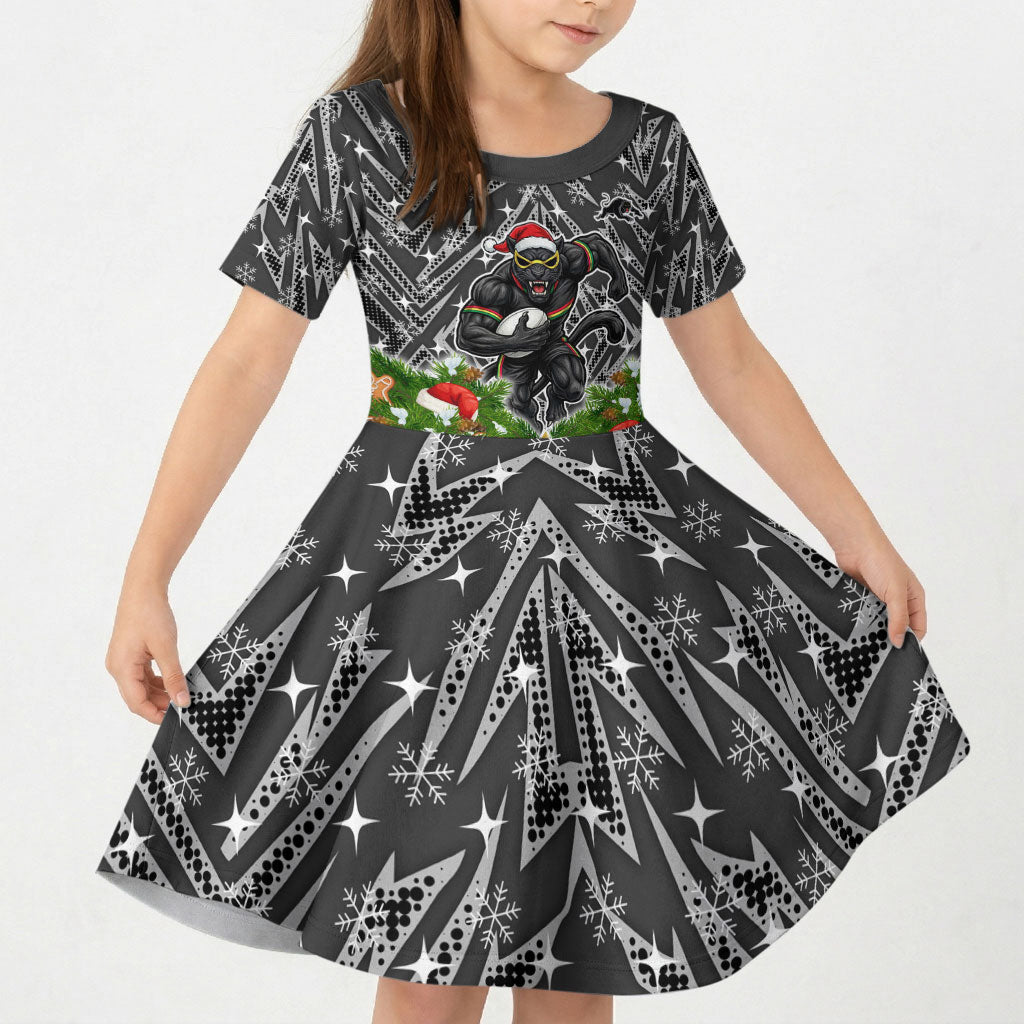 Personalised Penrith Panthers Rugby Christmas Kid Short Sleeve Dress Santa Rugby Mascot - Pine Wreath Festive