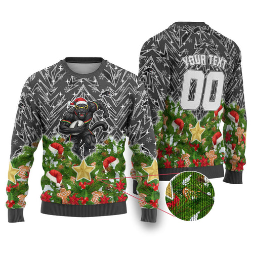 Personalised Penrith Panthers Rugby Christmas Ugly Christmas Sweater Santa Rugby Mascot - Pine Wreath Festive