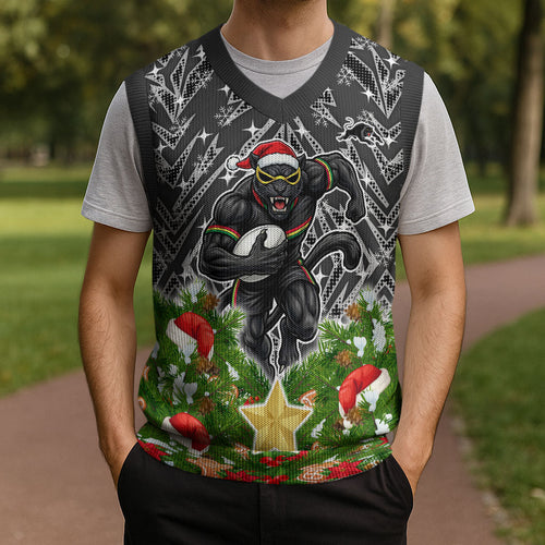 Personalised Penrith Panthers Rugby Christmas Knitted V-Neck Vest Santa Rugby Mascot - Pine Wreath Festive