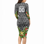 Personalised Penrith Panthers Rugby Christmas Long Sleeve Bodycon Dress Santa Rugby Mascot - Pine Wreath Festive