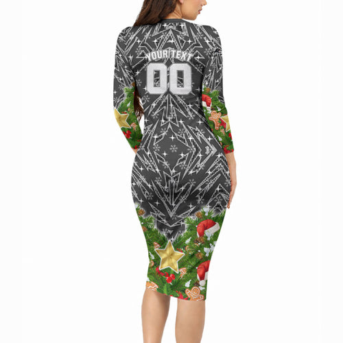 Personalised Penrith Panthers Rugby Christmas Long Sleeve Bodycon Dress Santa Rugby Mascot - Pine Wreath Festive