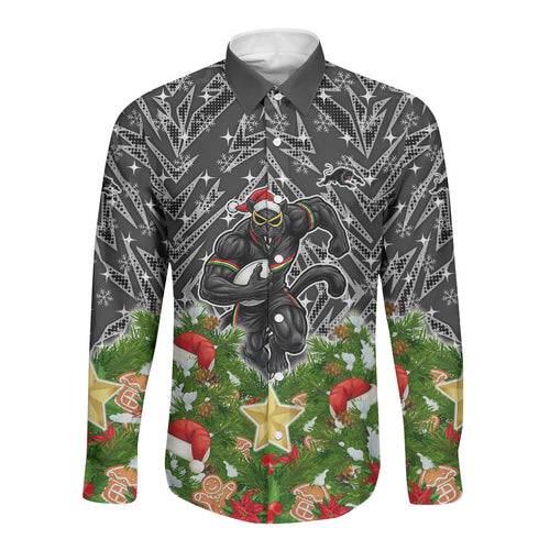 Personalised Penrith Panthers Rugby Christmas Long Sleeve Button Shirt Santa Rugby Mascot - Pine Wreath Festive