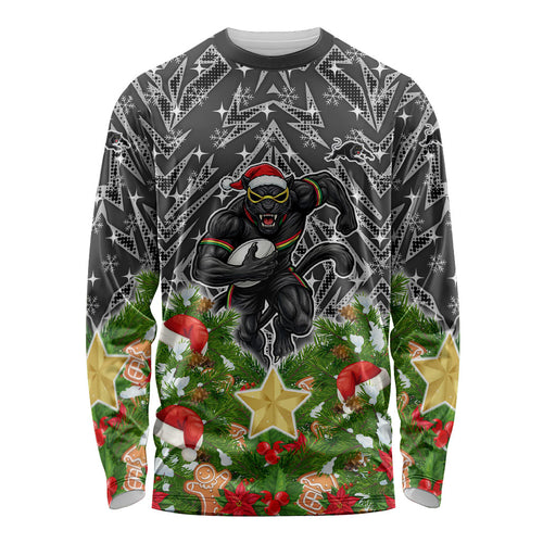 Personalised Penrith Panthers Rugby Christmas Long Sleeve Shirt Santa Rugby Mascot - Pine Wreath Festive