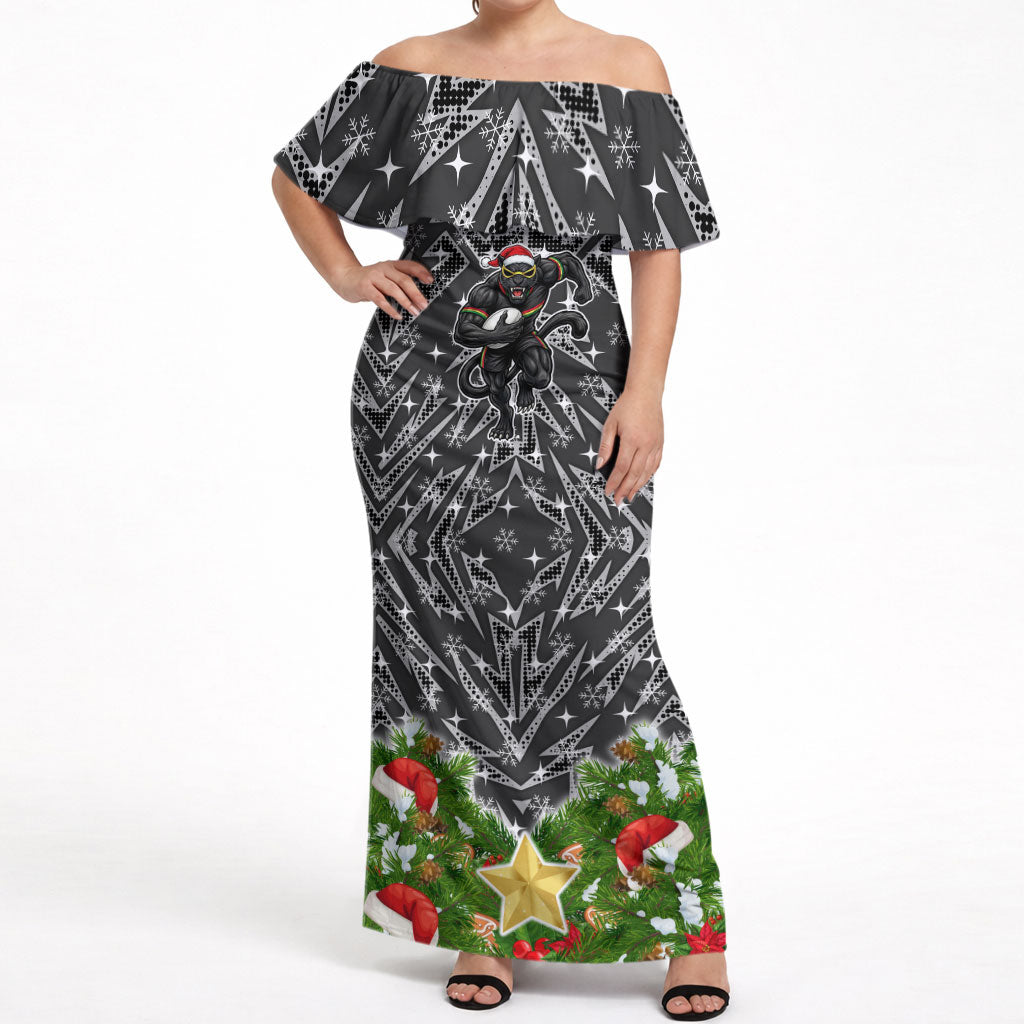 Personalised Penrith Panthers Rugby Christmas Off Shoulder Maxi Dress Santa Rugby Mascot - Pine Wreath Festive