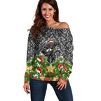 Personalised Penrith Panthers Rugby Christmas Off Shoulder Sweater Santa Rugby Mascot - Pine Wreath Festive