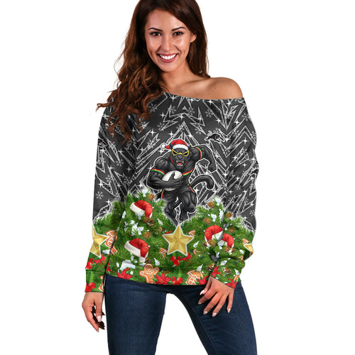 Personalised Penrith Panthers Rugby Christmas Off Shoulder Sweater Santa Rugby Mascot - Pine Wreath Festive