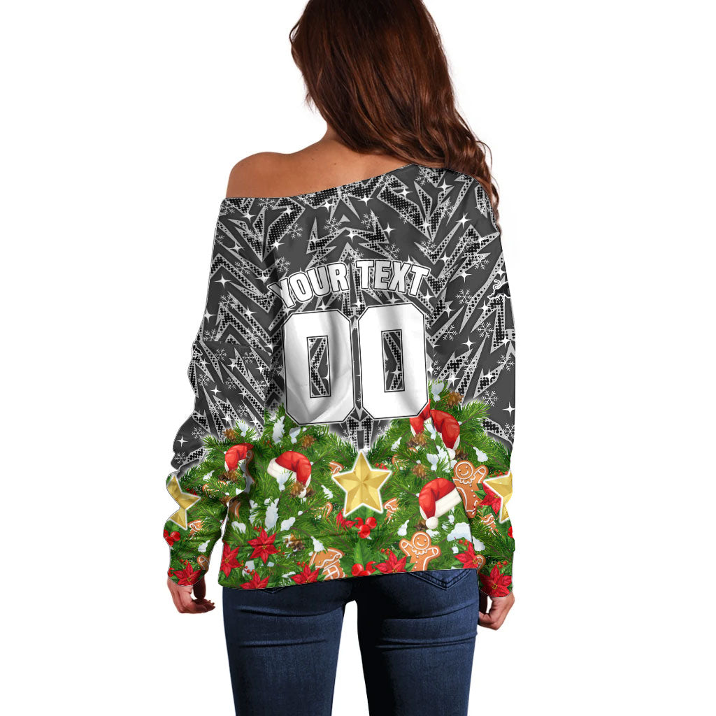 Personalised Penrith Panthers Rugby Christmas Off Shoulder Sweater Santa Rugby Mascot - Pine Wreath Festive