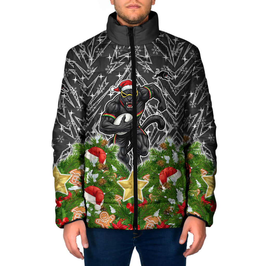 Personalised Penrith Panthers Rugby Christmas Padded Jacket Santa Rugby Mascot - Pine Wreath Festive