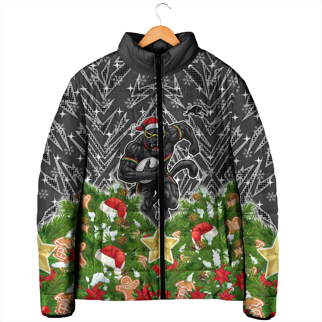 Personalised Penrith Panthers Rugby Christmas Padded Jacket Santa Rugby Mascot - Pine Wreath Festive