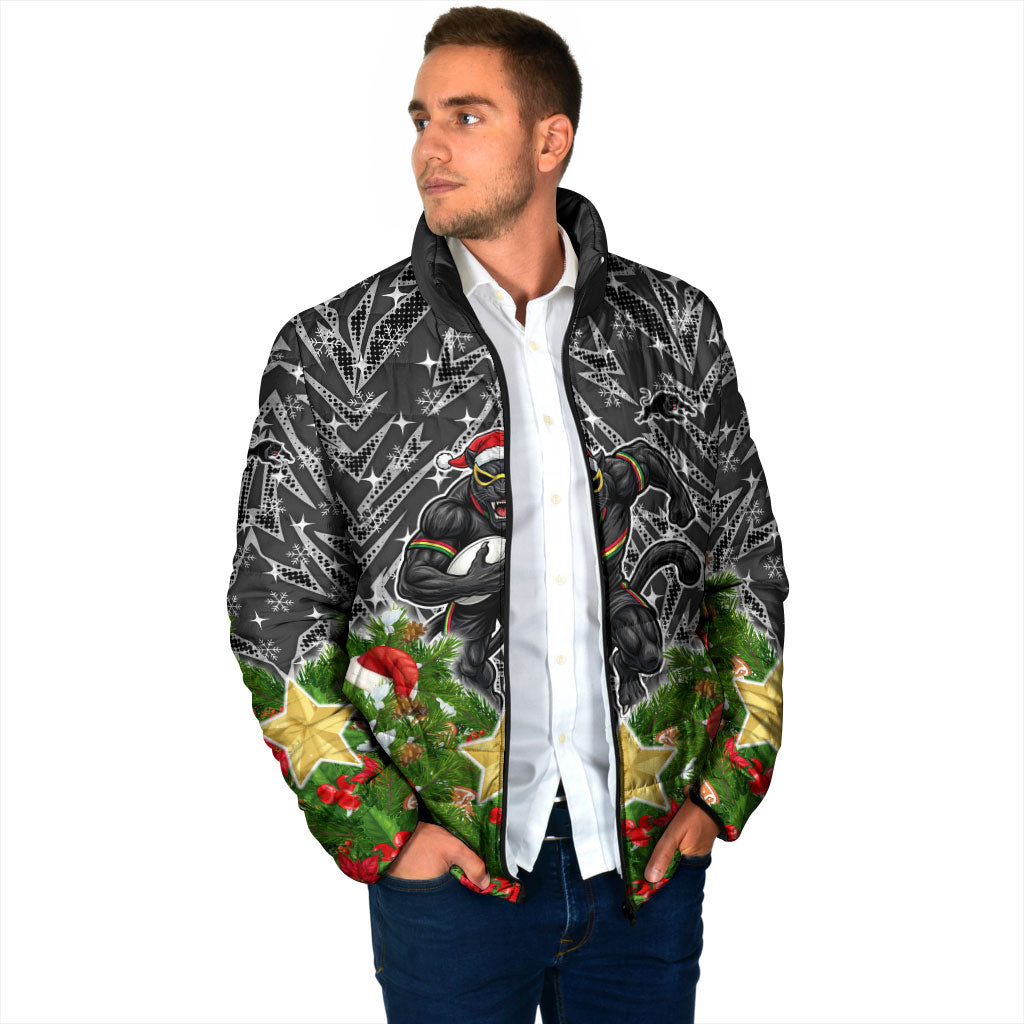 Personalised Penrith Panthers Rugby Christmas Padded Jacket Santa Rugby Mascot - Pine Wreath Festive