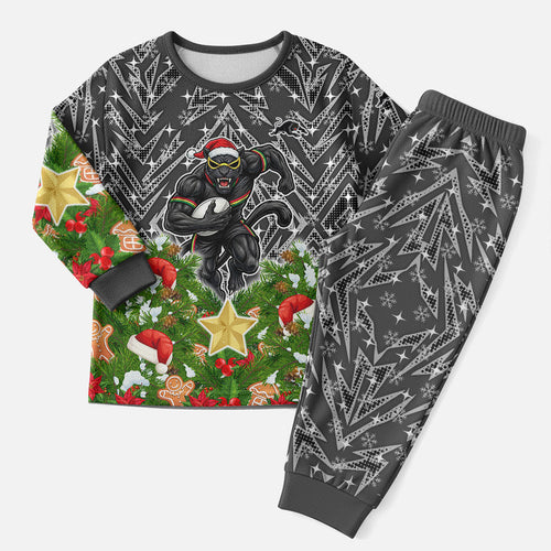 Personalised Penrith Panthers Rugby Christmas Pajama Set Santa Rugby Mascot - Pine Wreath Festive
