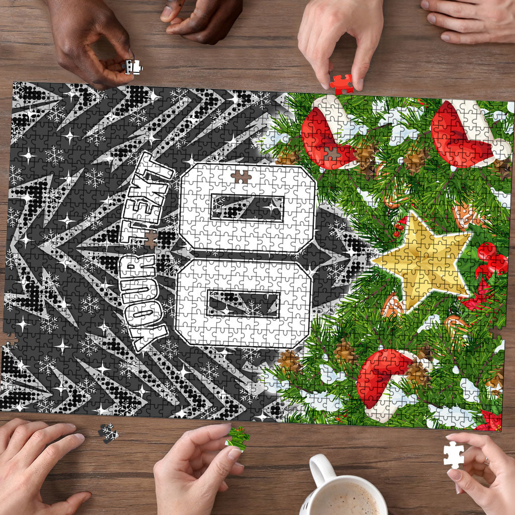 Personalised Penrith Panthers Rugby Christmas Puzzle Santa Rugby Mascot - Pine Wreath Festive