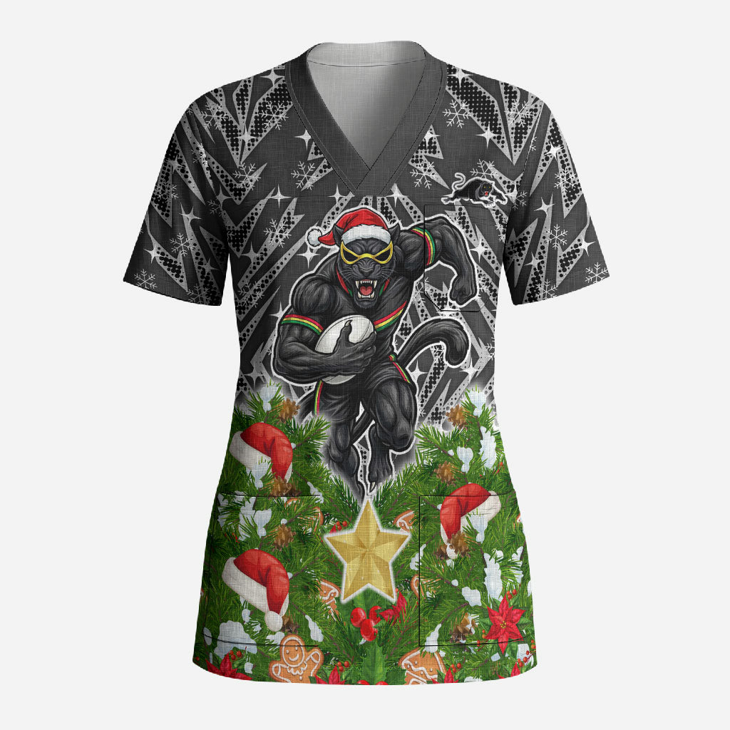 Personalised Penrith Panthers Rugby Christmas Scrub Top Santa Rugby Mascot - Pine Wreath Festive