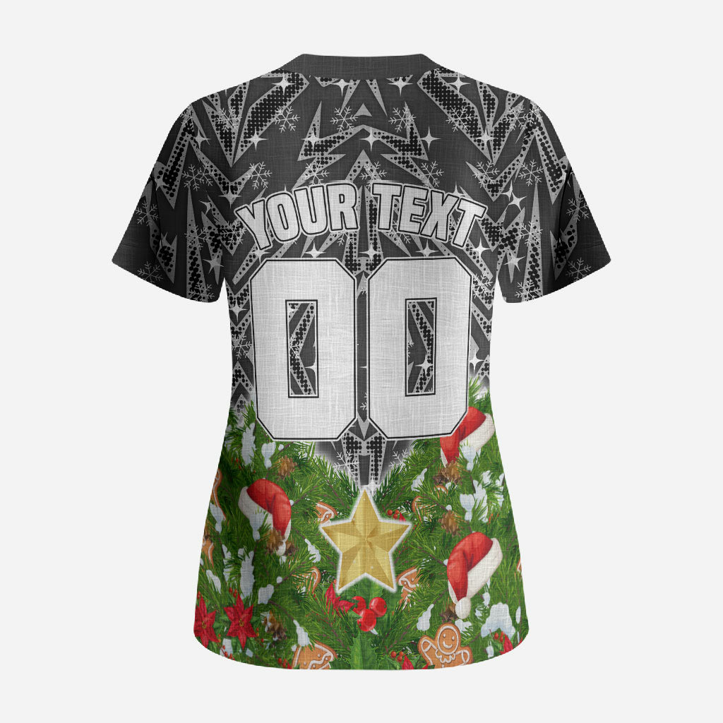 Personalised Penrith Panthers Rugby Christmas Scrub Top Santa Rugby Mascot - Pine Wreath Festive