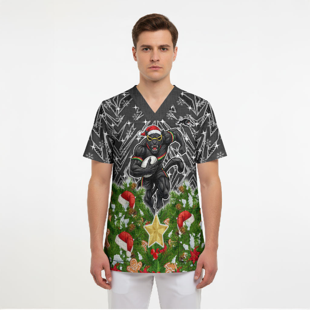 Personalised Penrith Panthers Rugby Christmas Scrub Top Santa Rugby Mascot - Pine Wreath Festive