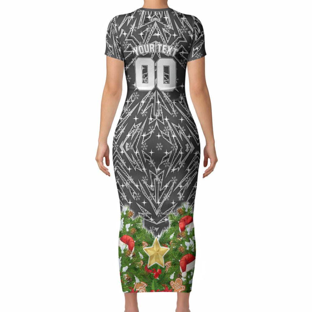 Personalised Penrith Panthers Rugby Christmas Short Sleeve Bodycon Dress Santa Rugby Mascot - Pine Wreath Festive