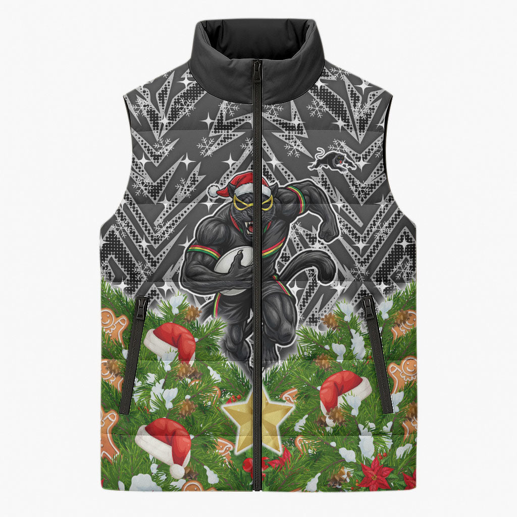 Personalised Penrith Panthers Rugby Christmas Sleeveless Puffer Jacket Santa Rugby Mascot - Pine Wreath Festive