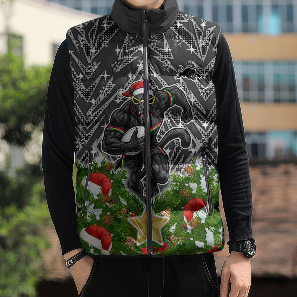 Personalised Penrith Panthers Rugby Christmas Sleeveless Puffer Jacket Santa Rugby Mascot - Pine Wreath Festive
