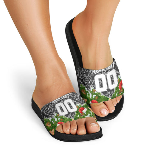 Personalised Penrith Panthers Rugby Christmas Slide Sandals Santa Rugby Mascot - Pine Wreath Festive