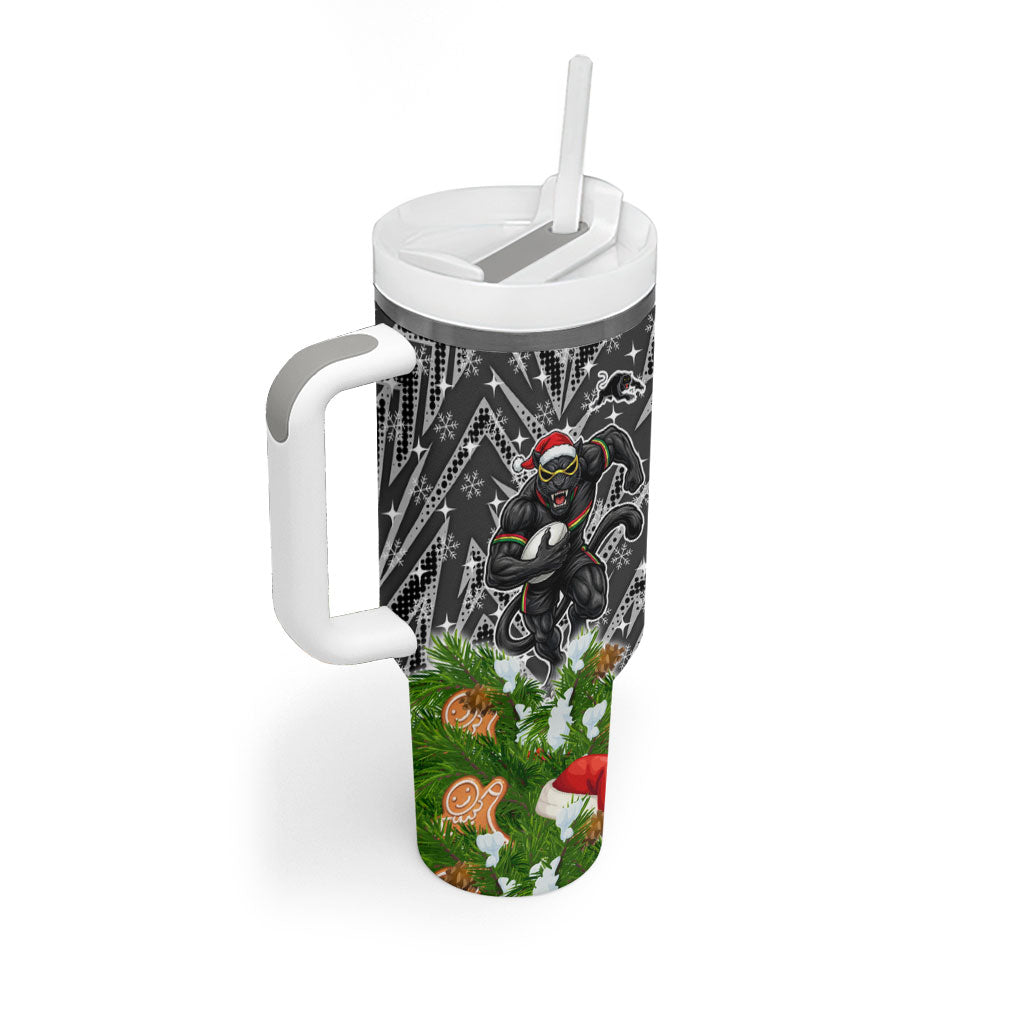 Personalised Penrith Panthers Rugby Christmas Tumbler With Handle Santa Rugby Mascot - Pine Wreath Festive