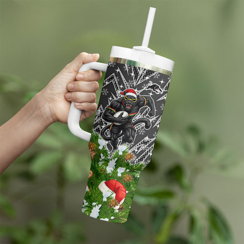 Personalised Penrith Panthers Rugby Christmas Tumbler With Handle Santa Rugby Mascot - Pine Wreath Festive