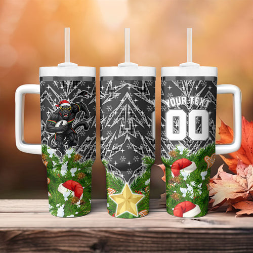 Personalised Penrith Panthers Rugby Christmas Tumbler With Handle Santa Rugby Mascot - Pine Wreath Festive