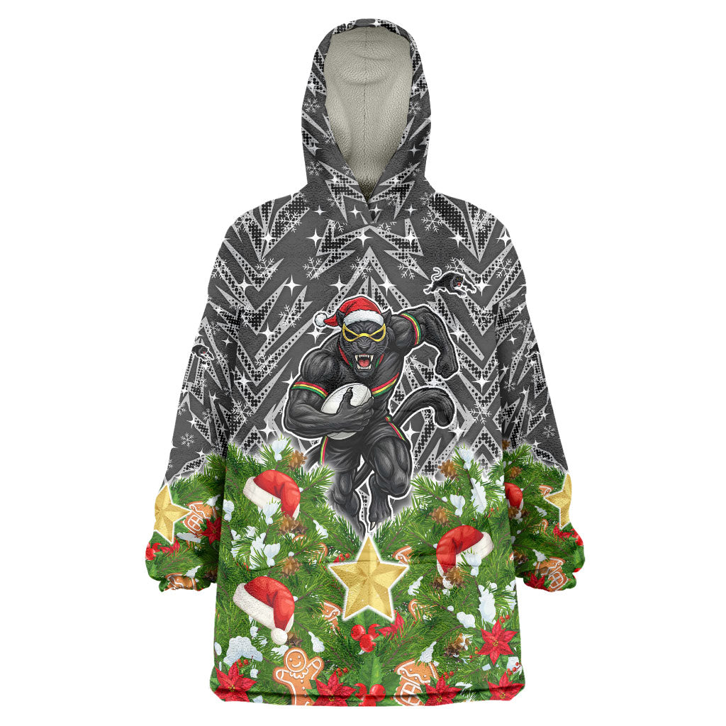 Personalised Penrith Panthers Rugby Christmas Wearable Blanket Hoodie Santa Rugby Mascot - Pine Wreath Festive