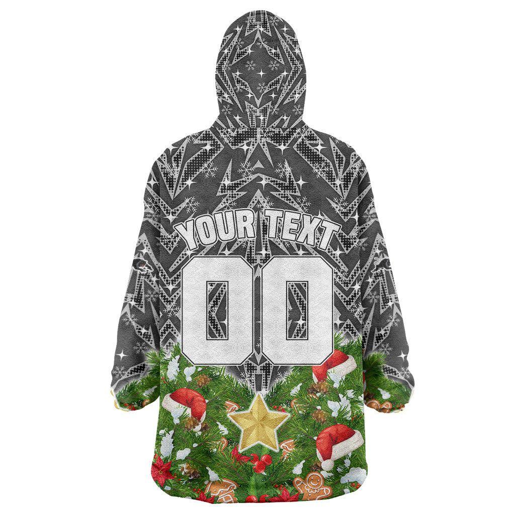 Personalised Penrith Panthers Rugby Christmas Wearable Blanket Hoodie Santa Rugby Mascot - Pine Wreath Festive