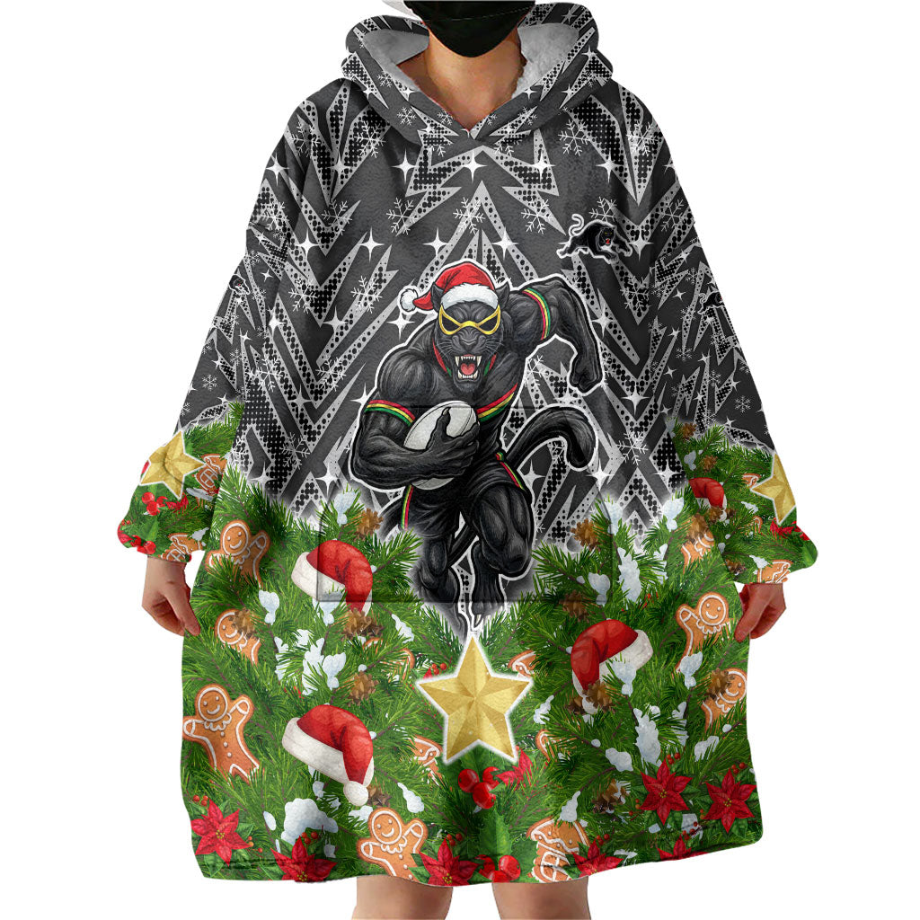 Personalised Penrith Panthers Rugby Christmas Wearable Blanket Hoodie Santa Rugby Mascot - Pine Wreath Festive