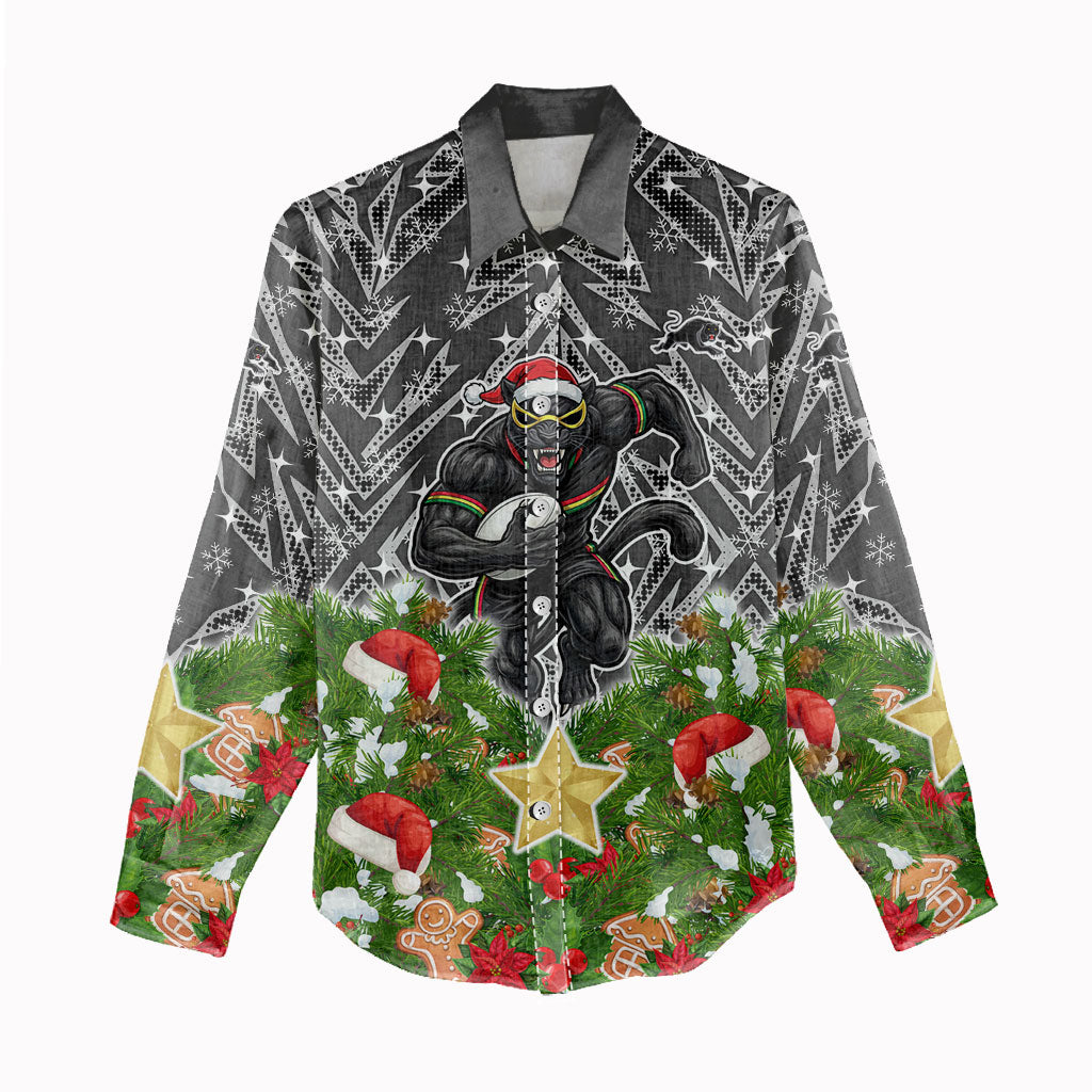 Personalised Penrith Panthers Rugby Christmas Women Casual Shirt Santa Rugby Mascot - Pine Wreath Festive