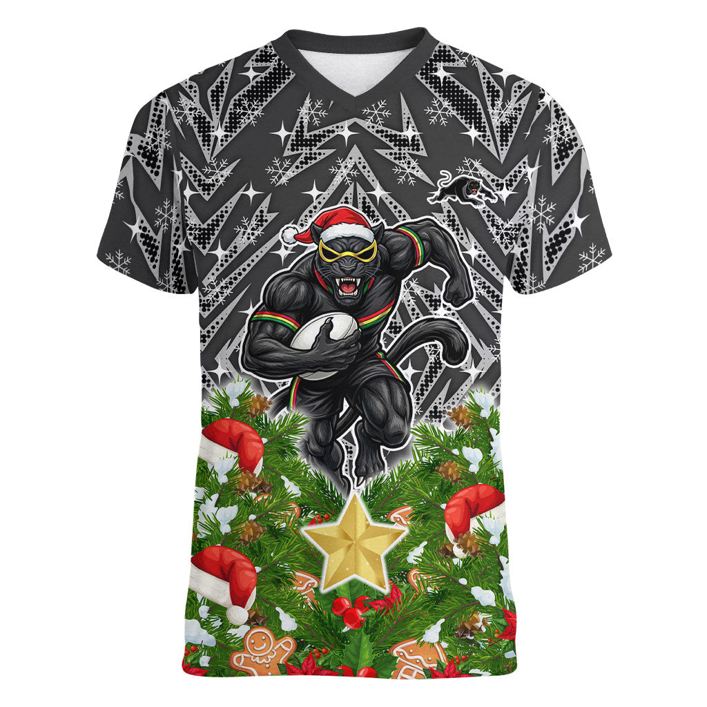 Personalised Penrith Panthers Rugby Christmas Women V-Neck T-Shirt Santa Rugby Mascot - Pine Wreath Festive