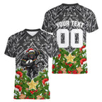 Personalised Penrith Panthers Rugby Christmas Women V-Neck T-Shirt Santa Rugby Mascot - Pine Wreath Festive