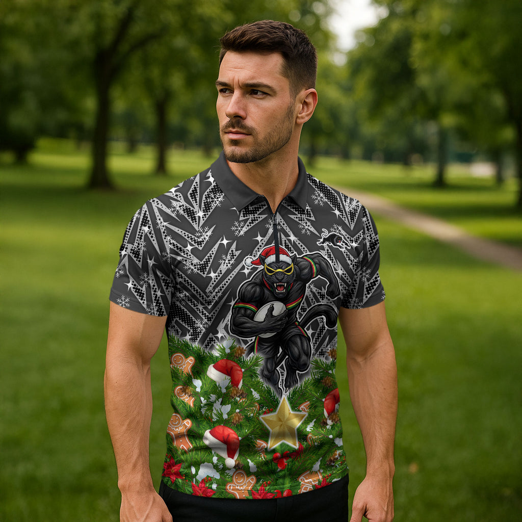 Personalised Penrith Panthers Rugby Christmas Zipper Polo Shirt Santa Rugby Mascot - Pine Wreath Festive