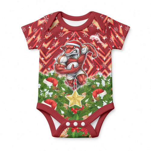 Personalised Dolphins Rugby Christmas Baby Onesie Santa Rugby Mascot - Pine Wreath Festive
