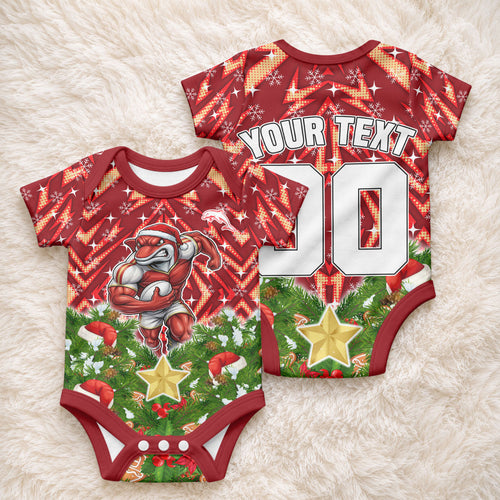 Personalised Dolphins Rugby Christmas Baby Onesie Santa Rugby Mascot - Pine Wreath Festive