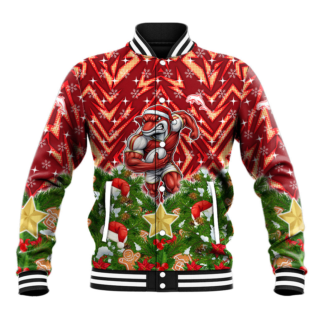 Personalised Dolphins Rugby Christmas Baseball Jacket Santa Rugby Mascot - Pine Wreath Festive