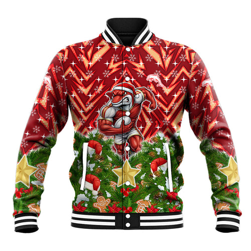 Personalised Dolphins Rugby Christmas Baseball Jacket Santa Rugby Mascot - Pine Wreath Festive