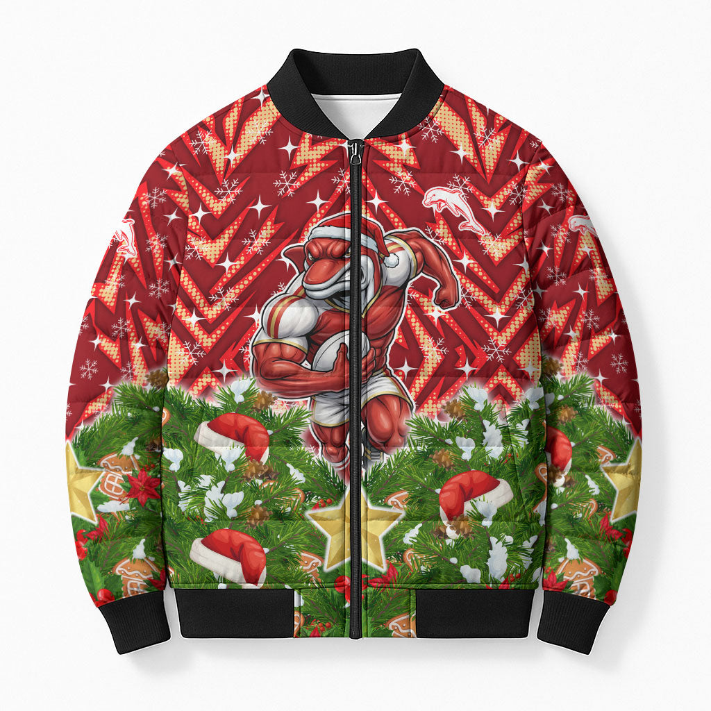 Personalised Dolphins Rugby Christmas Bomber Puffer Jacket Santa Rugby Mascot - Pine Wreath Festive