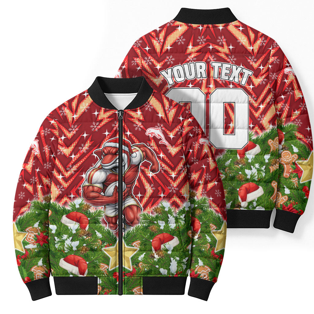 Personalised Dolphins Rugby Christmas Bomber Puffer Jacket Santa Rugby Mascot - Pine Wreath Festive
