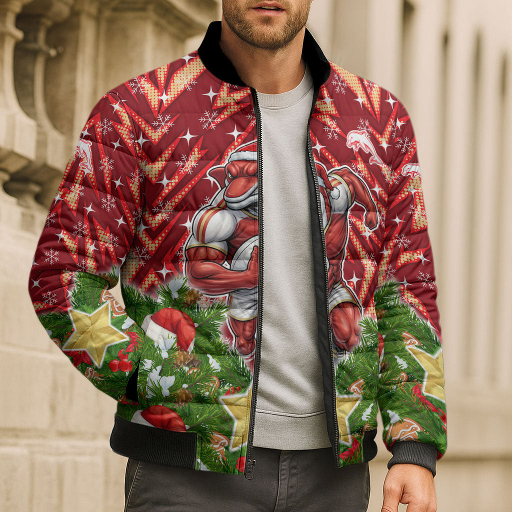 Personalised Dolphins Rugby Christmas Bomber Puffer Jacket Santa Rugby Mascot - Pine Wreath Festive