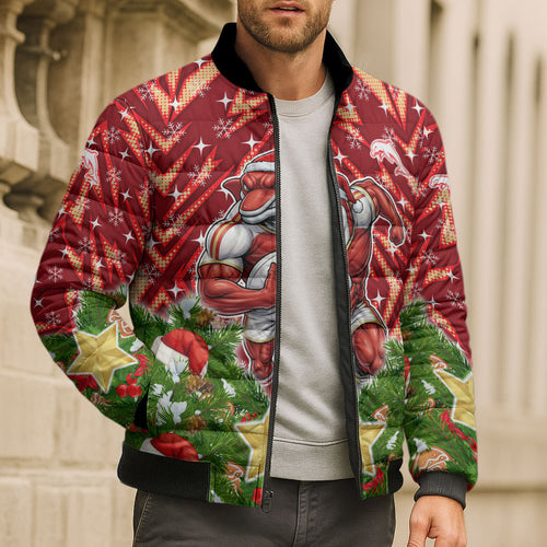 Personalised Dolphins Rugby Christmas Bomber Puffer Jacket Santa Rugby Mascot - Pine Wreath Festive