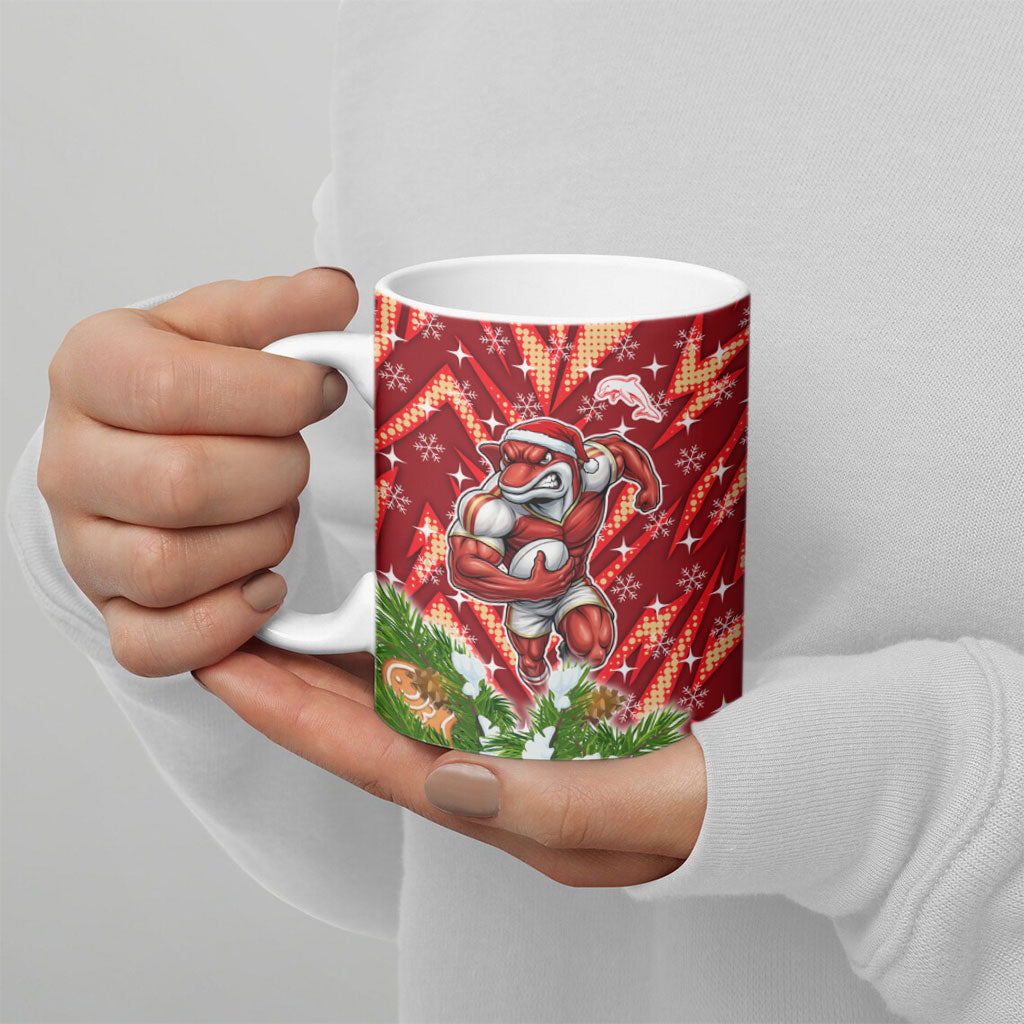 Personalised Dolphins Rugby Christmas Ceramic Mug Santa Rugby Mascot - Pine Wreath Festive