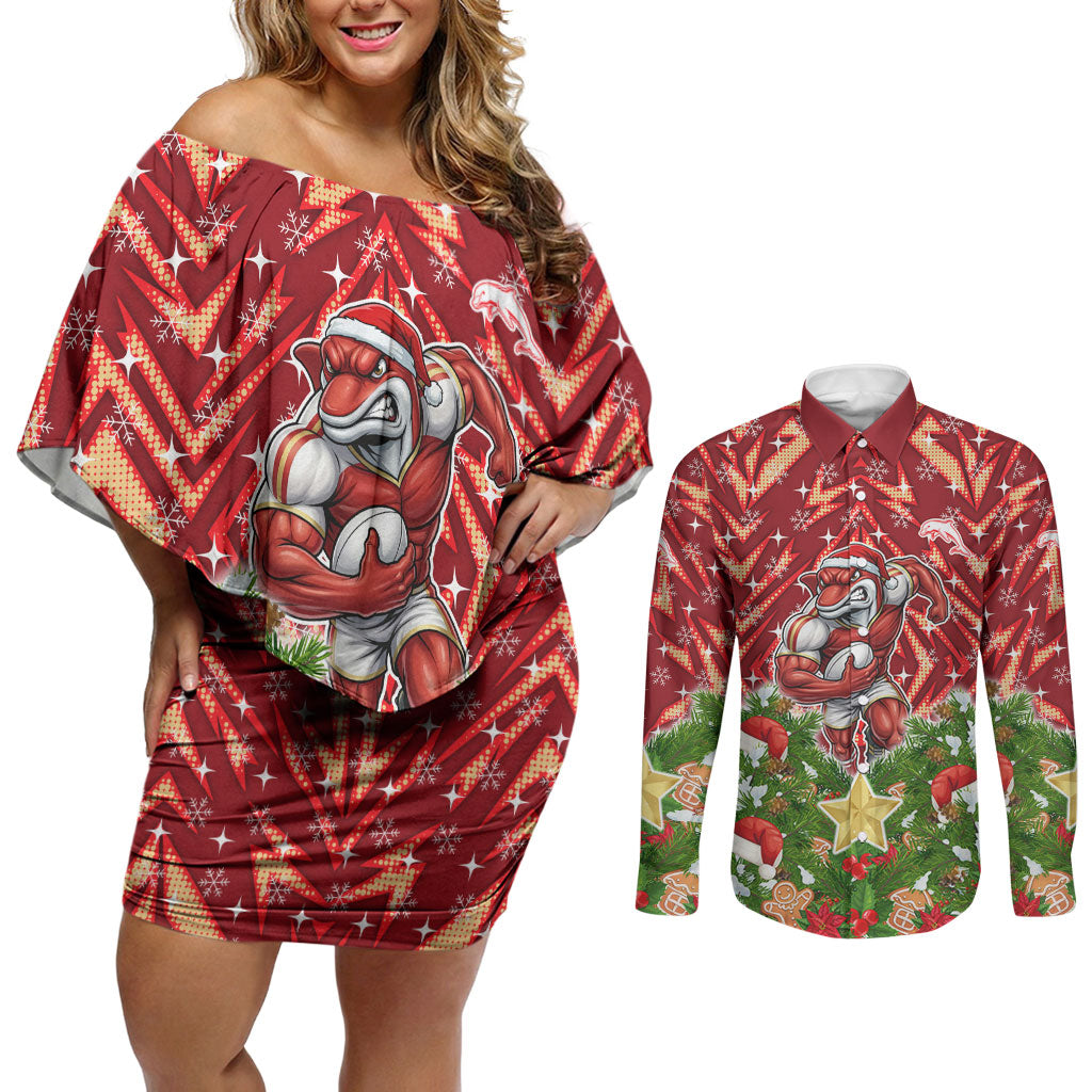 Personalised Dolphins Rugby Christmas Couples Matching Off Shoulder Short Dress and Long Sleeve Button Shirt Santa Rugby Mascot - Pine Wreath Festive