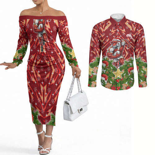 Personalised Dolphins Rugby Christmas Couples Matching Off The Shoulder Long Sleeve Dress and Long Sleeve Button Shirt Santa Rugby Mascot - Pine Wreath Festive