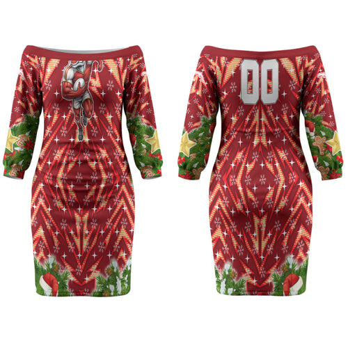 Personalised Dolphins Rugby Christmas Couples Matching Off The Shoulder Long Sleeve Dress and Long Sleeve Button Shirt Santa Rugby Mascot - Pine Wreath Festive