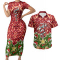 Personalised Dolphins Rugby Christmas Couples Matching Short Sleeve Bodycon Dress and Hawaiian Shirt Santa Rugby Mascot - Pine Wreath Festive