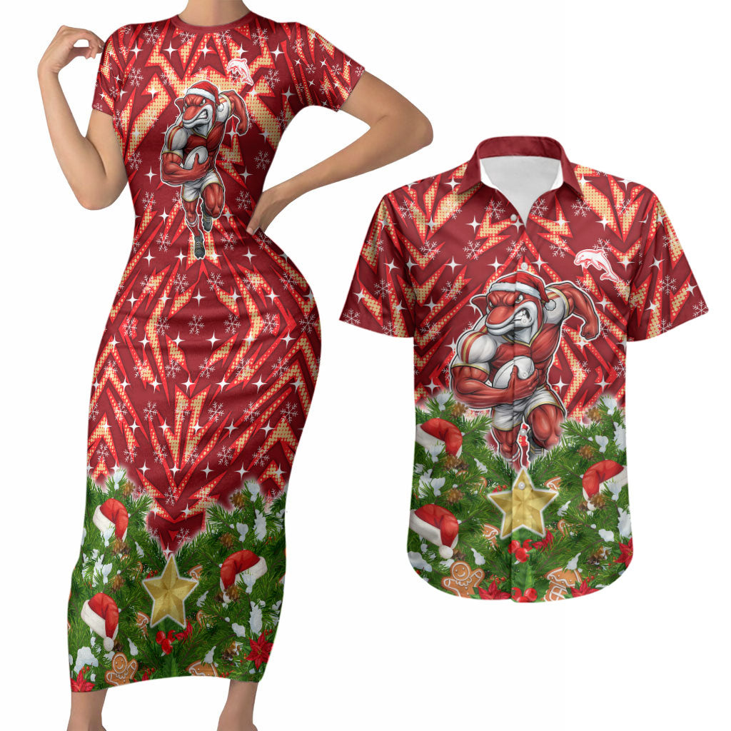 Personalised Dolphins Rugby Christmas Couples Matching Short Sleeve Bodycon Dress and Hawaiian Shirt Santa Rugby Mascot - Pine Wreath Festive