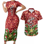 Personalised Dolphins Rugby Christmas Couples Matching Short Sleeve Bodycon Dress and Hawaiian Shirt Santa Rugby Mascot - Pine Wreath Festive